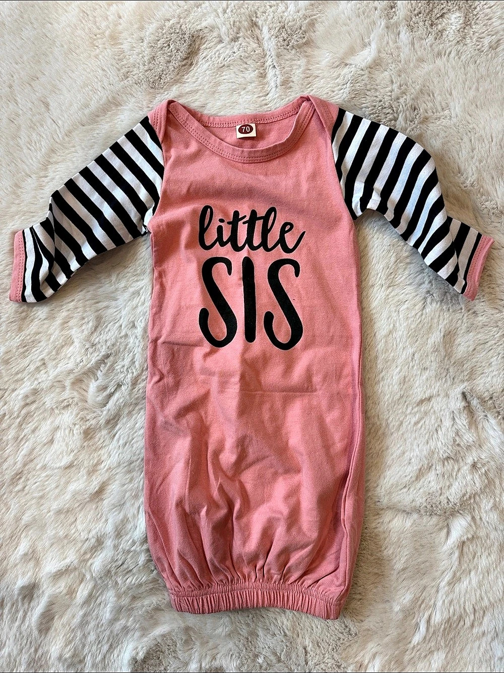 Little Sis Pink Sleep Gown with Black & White Striped Sleeves